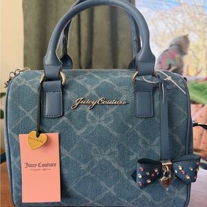 Juicy Couture Denim-Textured Blue Satchel with Bow Charm